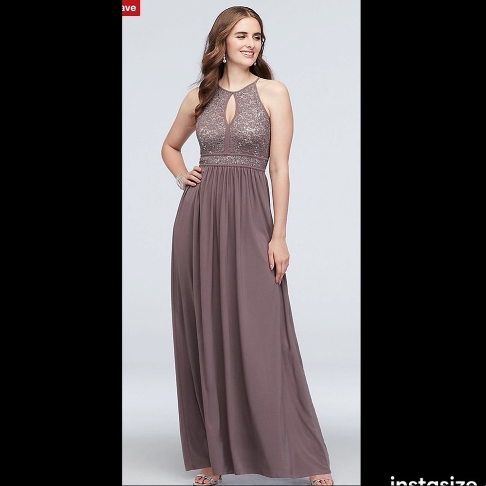 DAVID’S BRIDAL- Mauve, glitter lace, keyhole Maxi Bridesmaids dress worn once